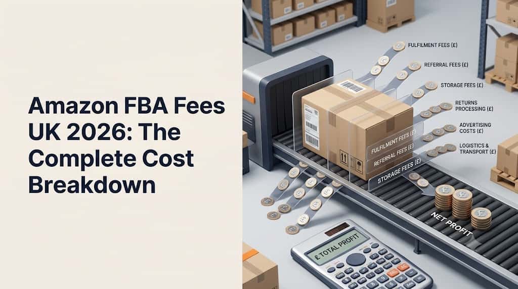 Amazon FBA parcel showing referral, fulfilment, storage, returns and logistics fees deducted from seller revenue in the UK.