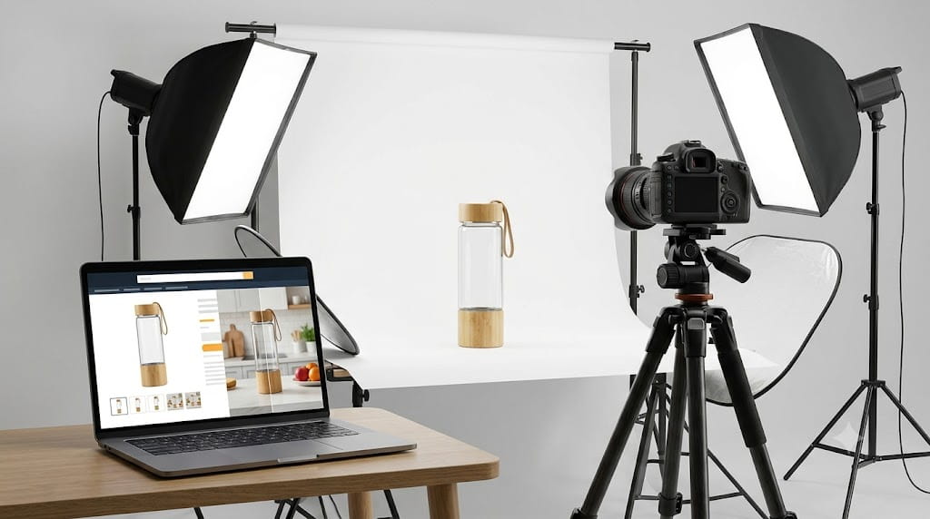 Professional Amazon product photography studio with a white backdrop, camera, lighting equipment and ecommerce image-editing workflow
